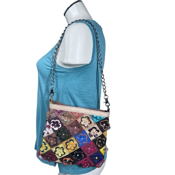 Multi-colored 3D Floral Leather Rhinestone Shoulder Bag Clutch Bag - Picture 6 of 16